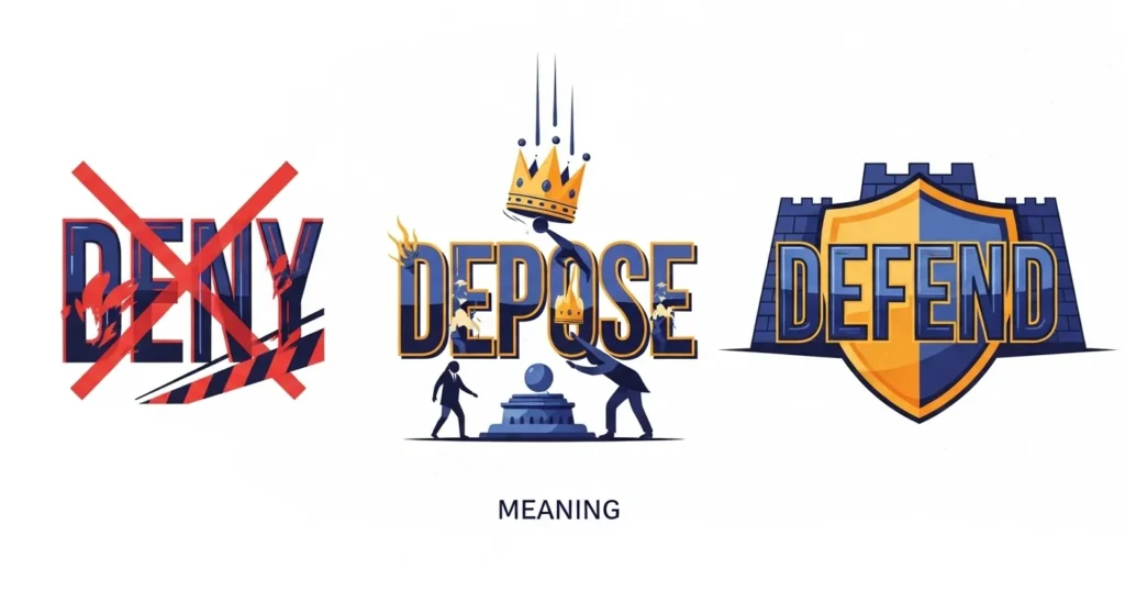 deny depose defend meaning